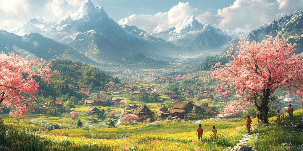 桃树稻田孩童上学