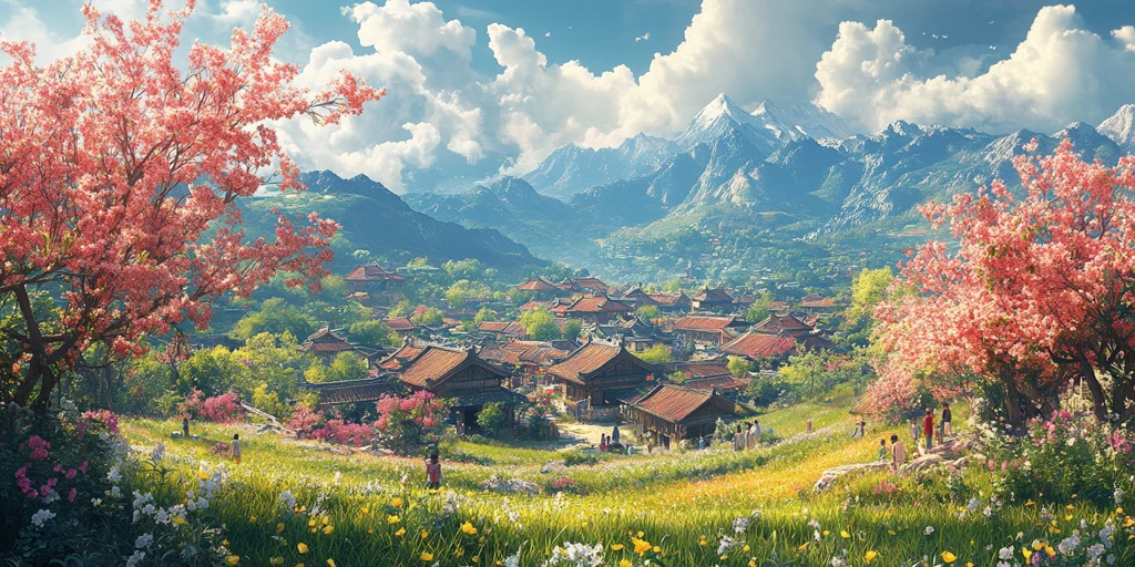 桃树稻田孩童上学