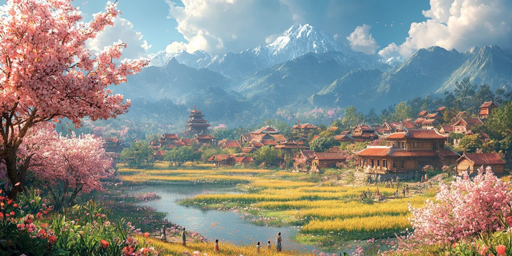 桃树稻田孩童上学