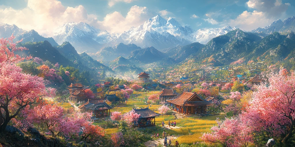 桃树稻田孩童上学