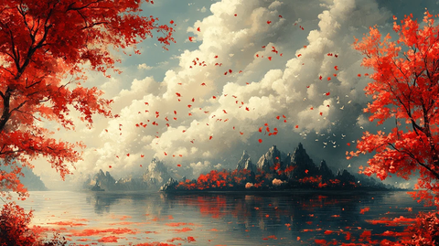 红叶浮云山水画
