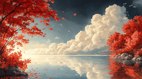 红叶浮云山水画