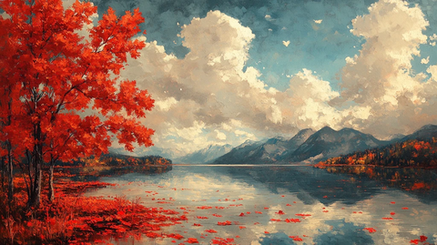 红叶浮云山水画