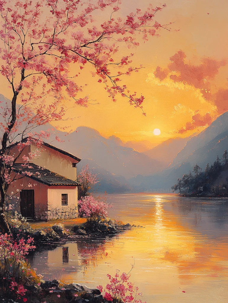 湖畔小屋与夕阳