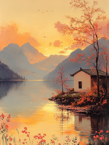 湖畔小屋与夕阳
