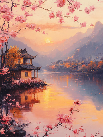 湖畔小屋与夕阳