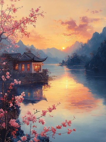 湖畔小屋与夕阳