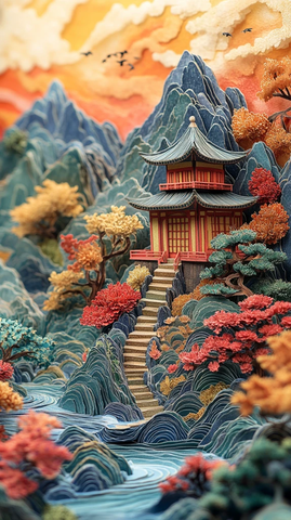 纸雕茶屋山林景