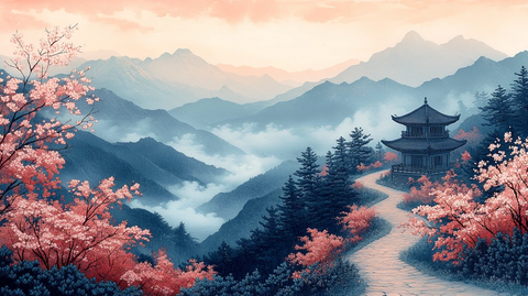 山径樱花暮色寺庙