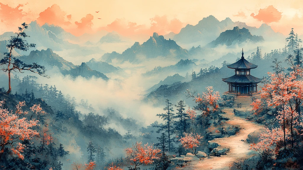 山径樱花暮色寺庙