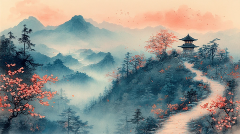 山径樱花暮色寺庙