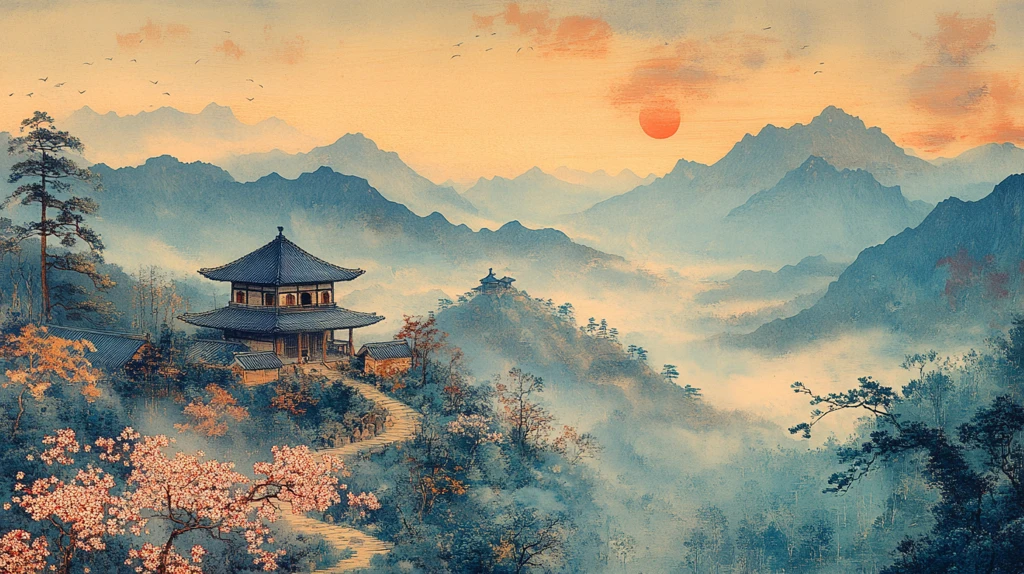 山径樱花暮色寺庙