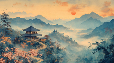 山径樱花暮色寺庙