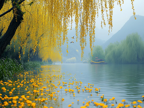 柳树花间渔舟影