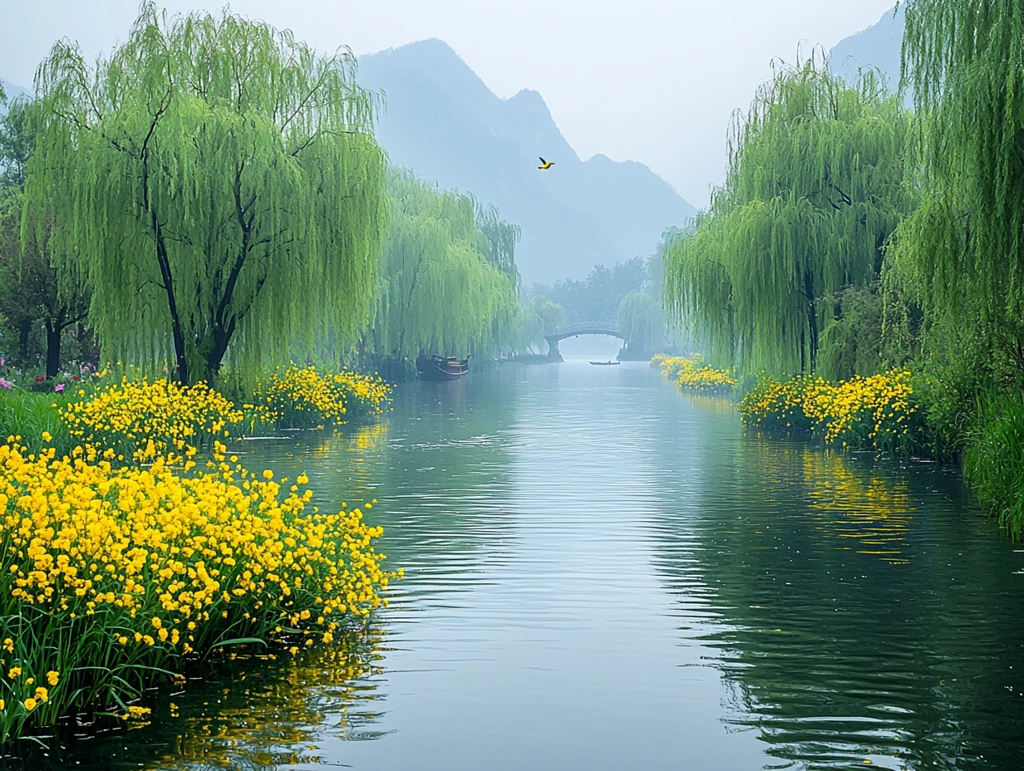 柳树花间渔舟影