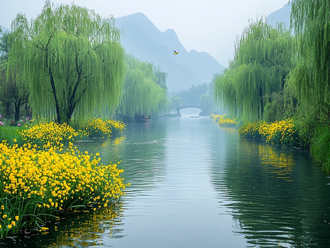 柳树花间渔舟影