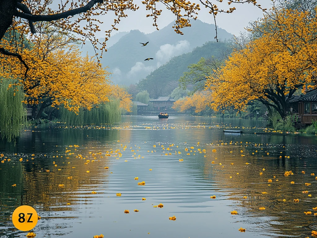 柳树花间渔舟影