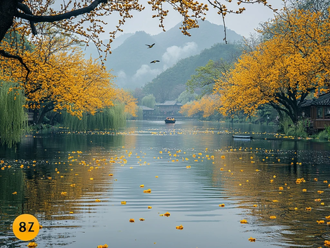 柳树花间渔舟影