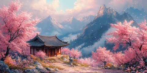 樱花盛开韩屋旁