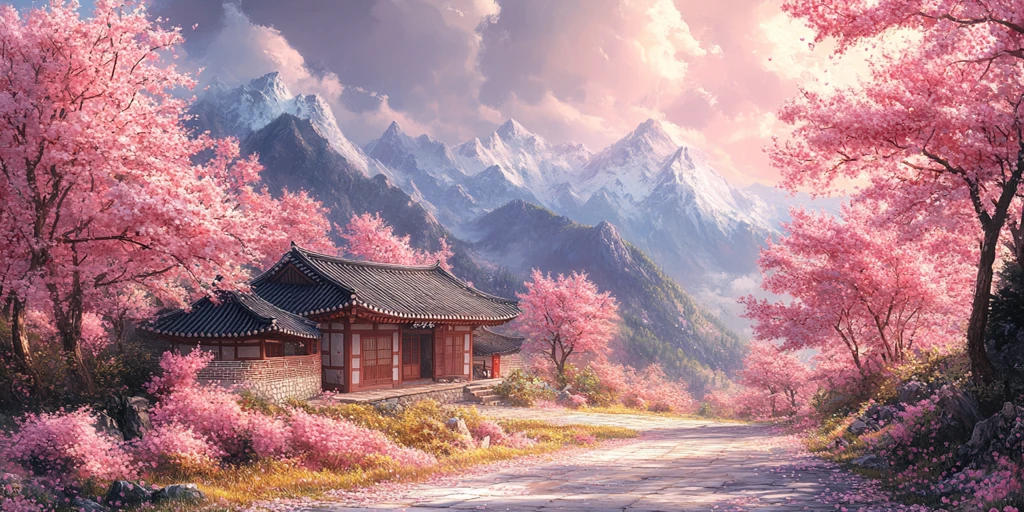 樱花盛开韩屋旁