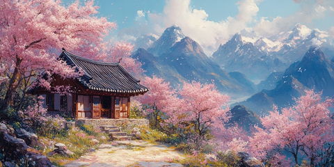 樱花盛开韩屋旁