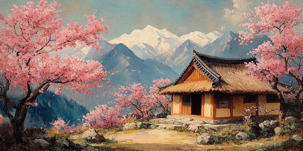 樱花盛开韩屋旁