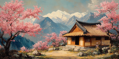 樱花盛开韩屋旁