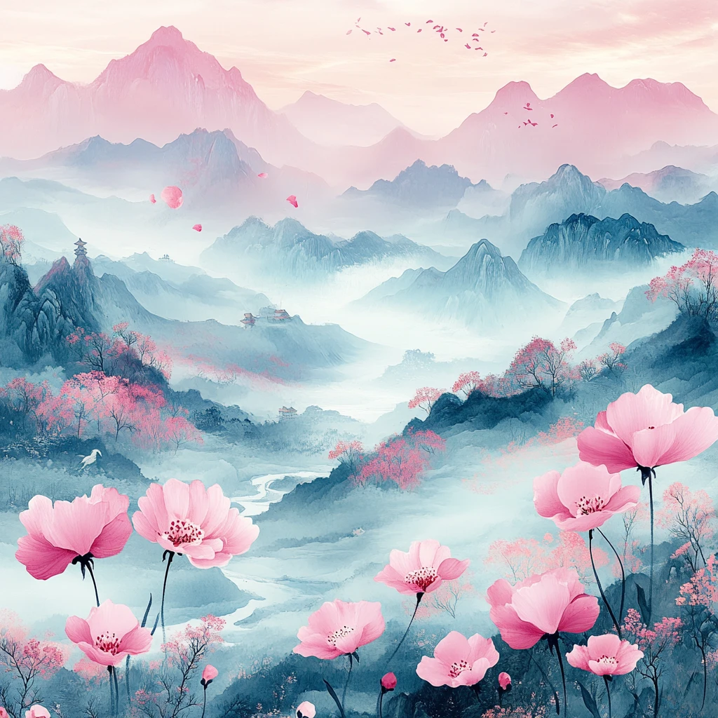 粉花远山云雾图