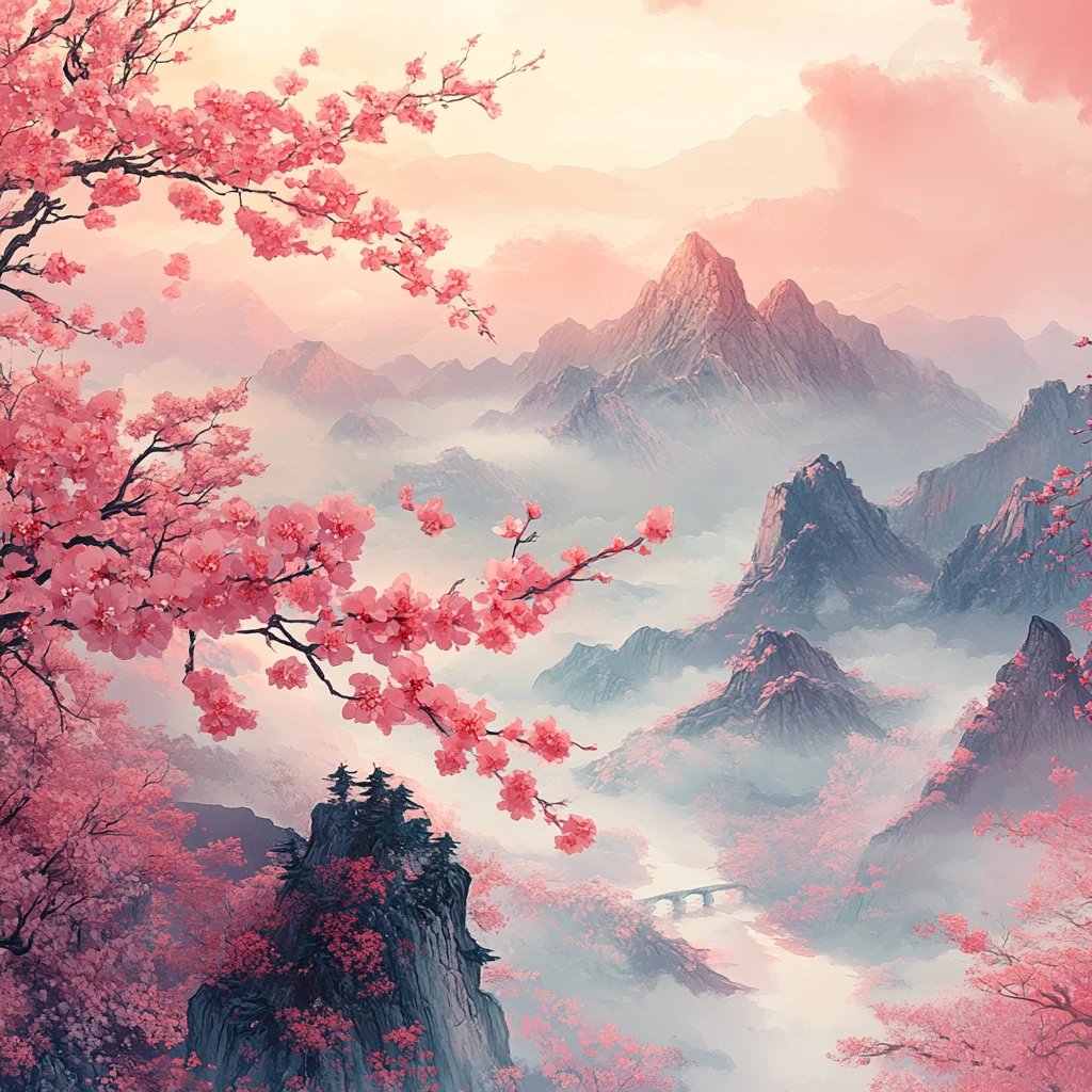 粉花远山云雾图