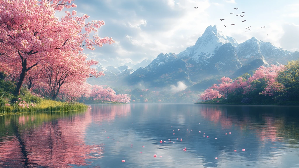 湖畔樱花映山色