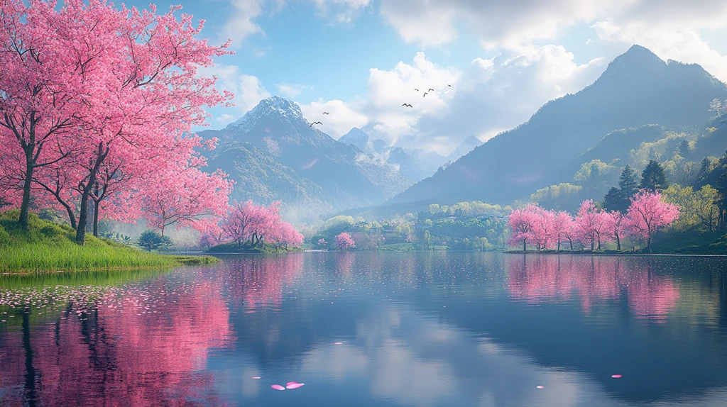 湖畔樱花映山色