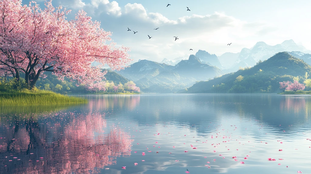 湖畔樱花映山色
