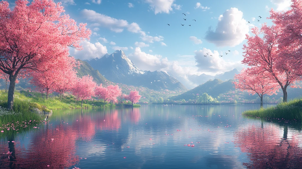 湖畔樱花映山色