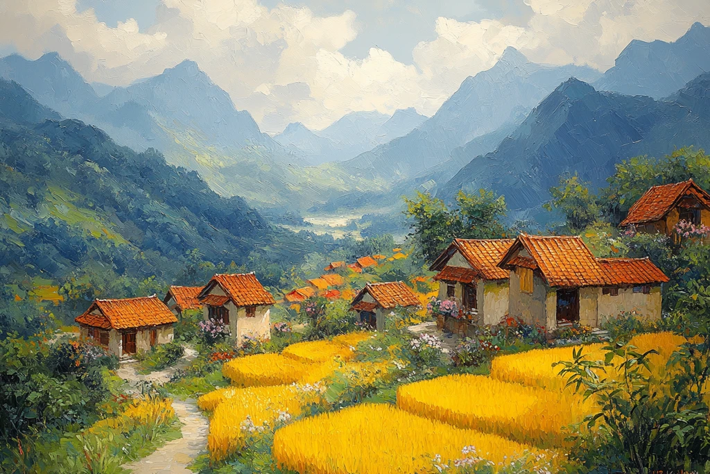 黄稻田与红瓦房