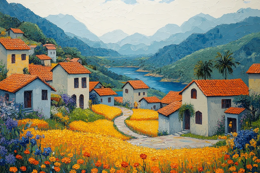 黄稻田与红瓦房