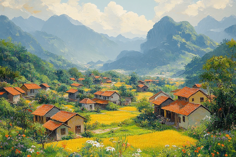 黄稻田与红瓦房