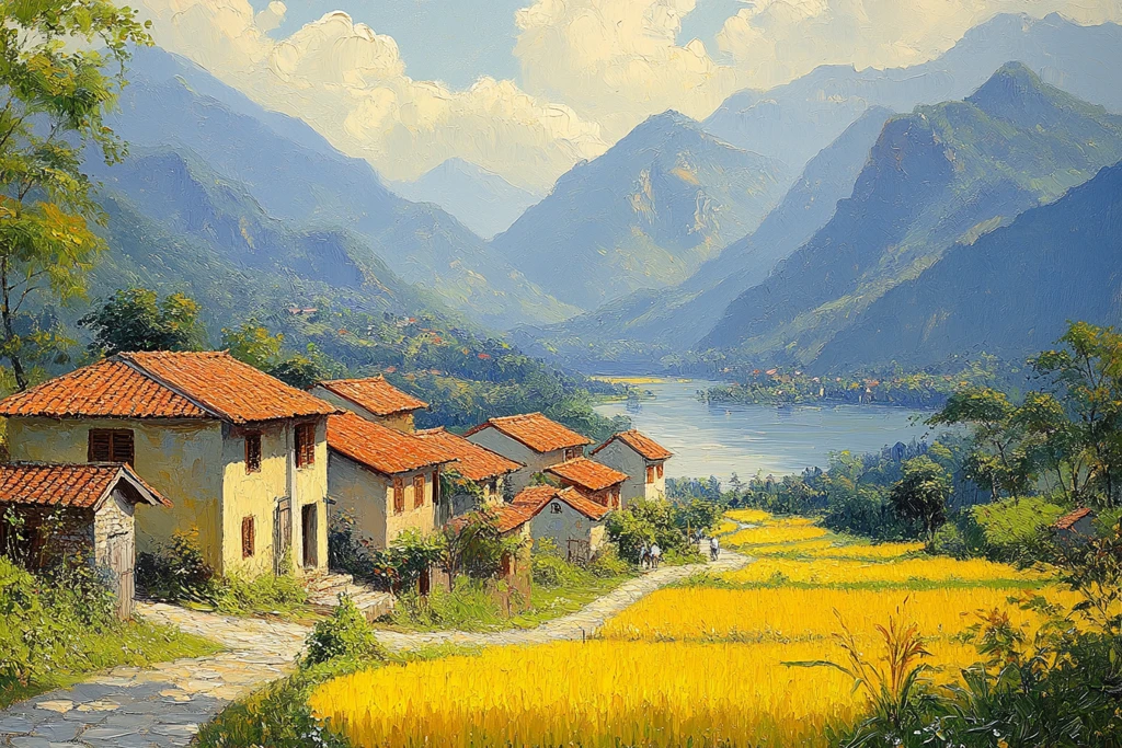 黄稻田与红瓦房