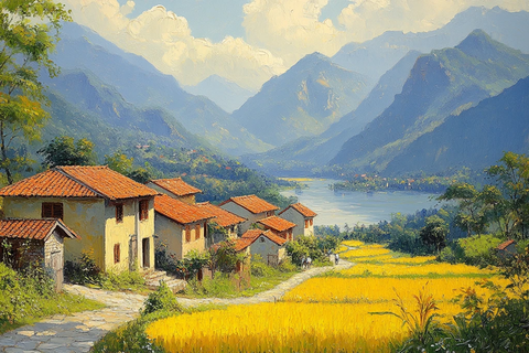 黄稻田与红瓦房