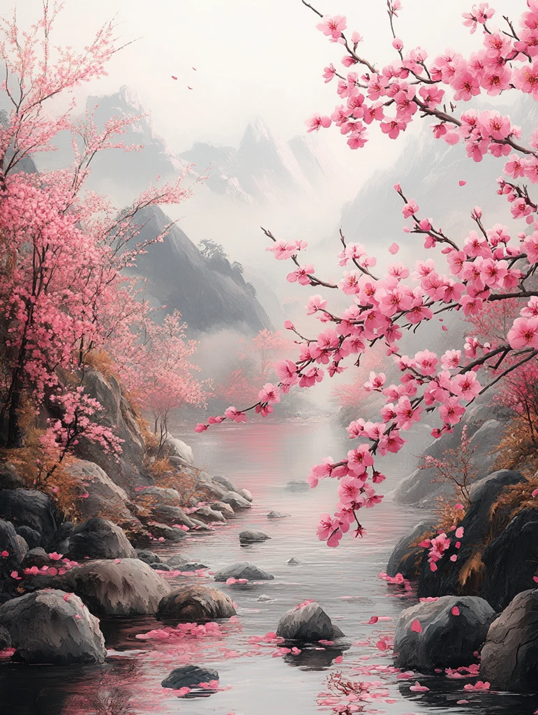 山岩溪流桃花图