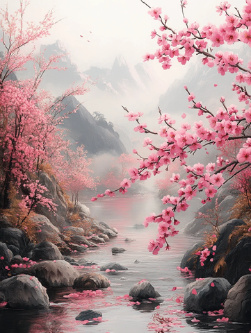山岩溪流桃花图