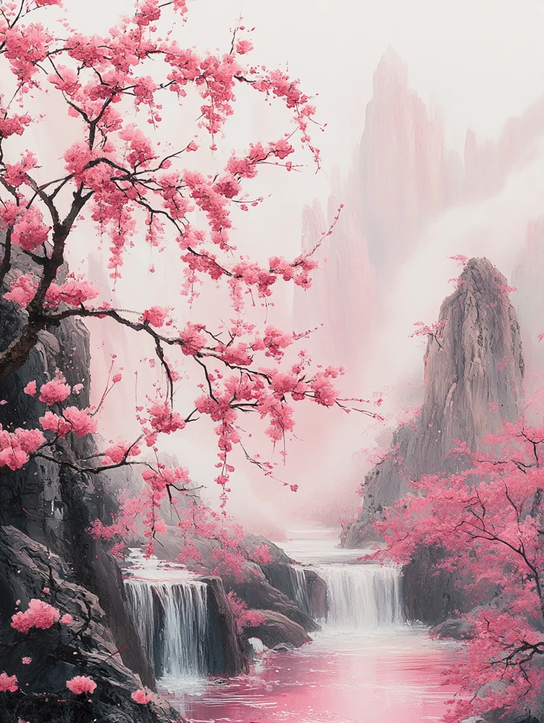 山岩溪流桃花图