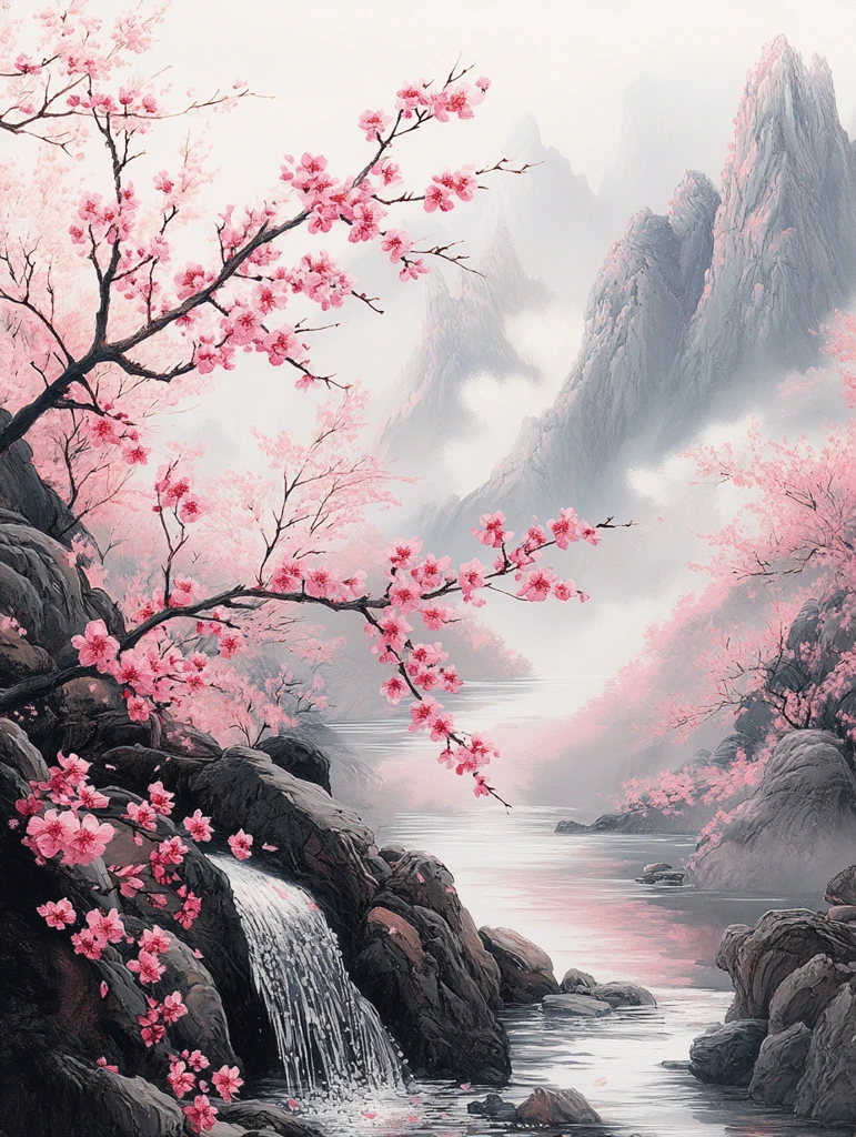 山岩溪流桃花图