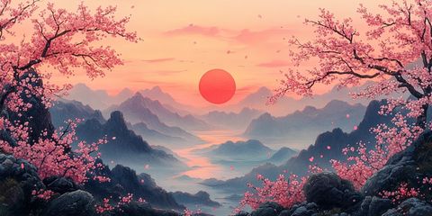 樱花树下夕阳