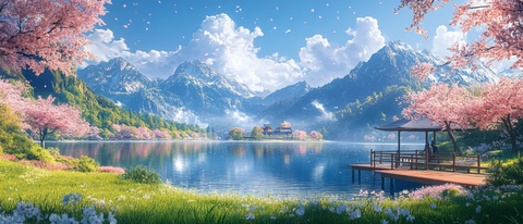 湖畔樱花与山景