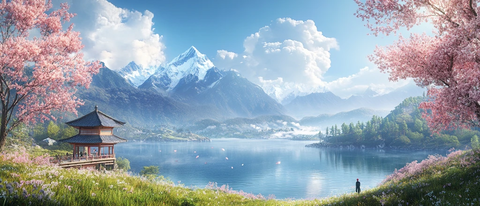 湖畔樱花与山景