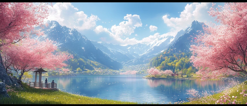 湖畔樱花与山景