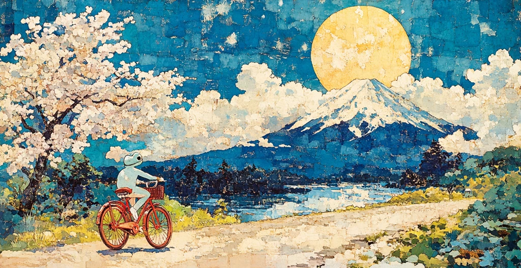 青蛙骑车日出图