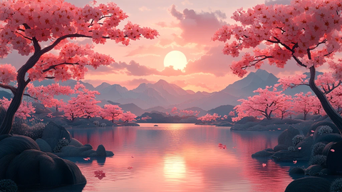 樱花湖景剪纸图