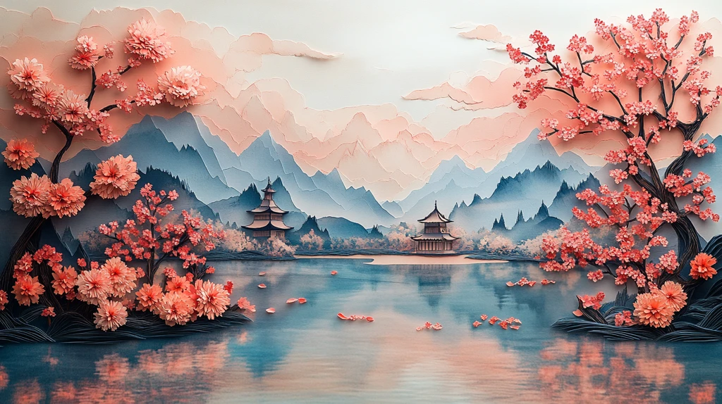 樱花湖景剪纸图