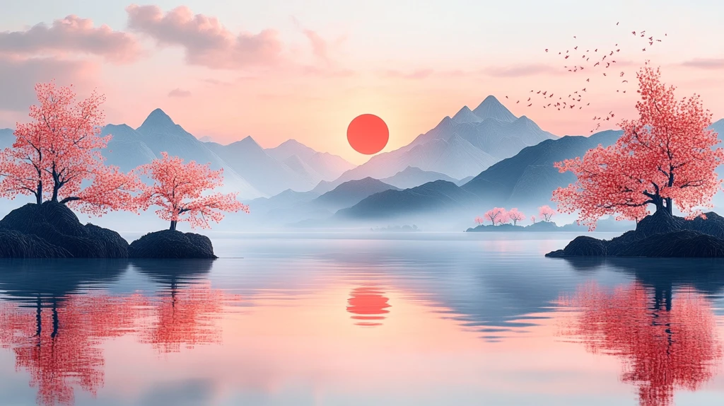 樱花湖景剪纸图